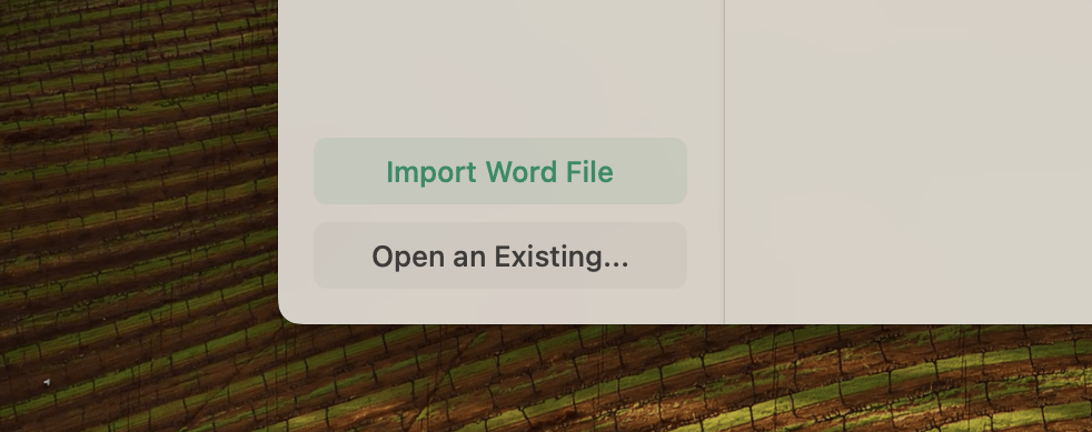 Screenshot of Pinery with Microsoft Word importing option