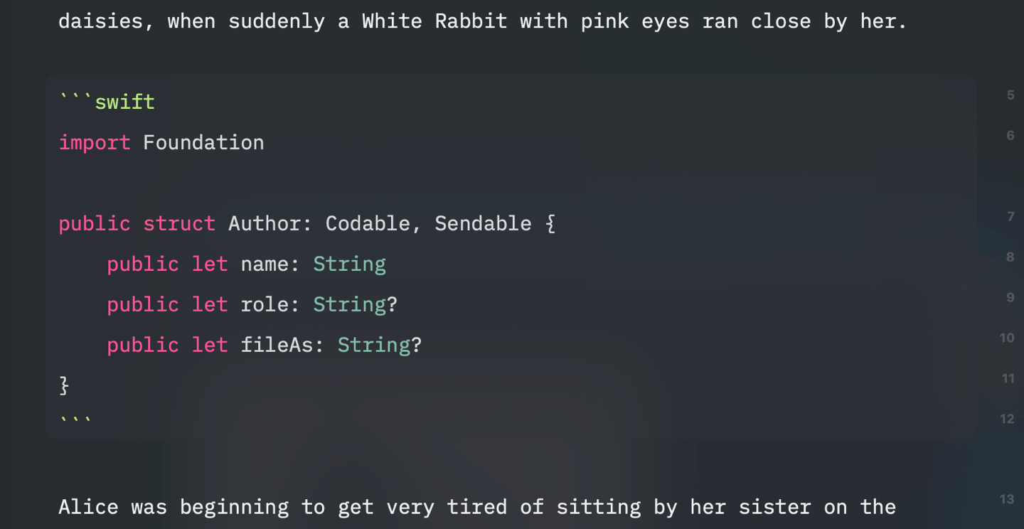Pinery with syntax highlighting for code