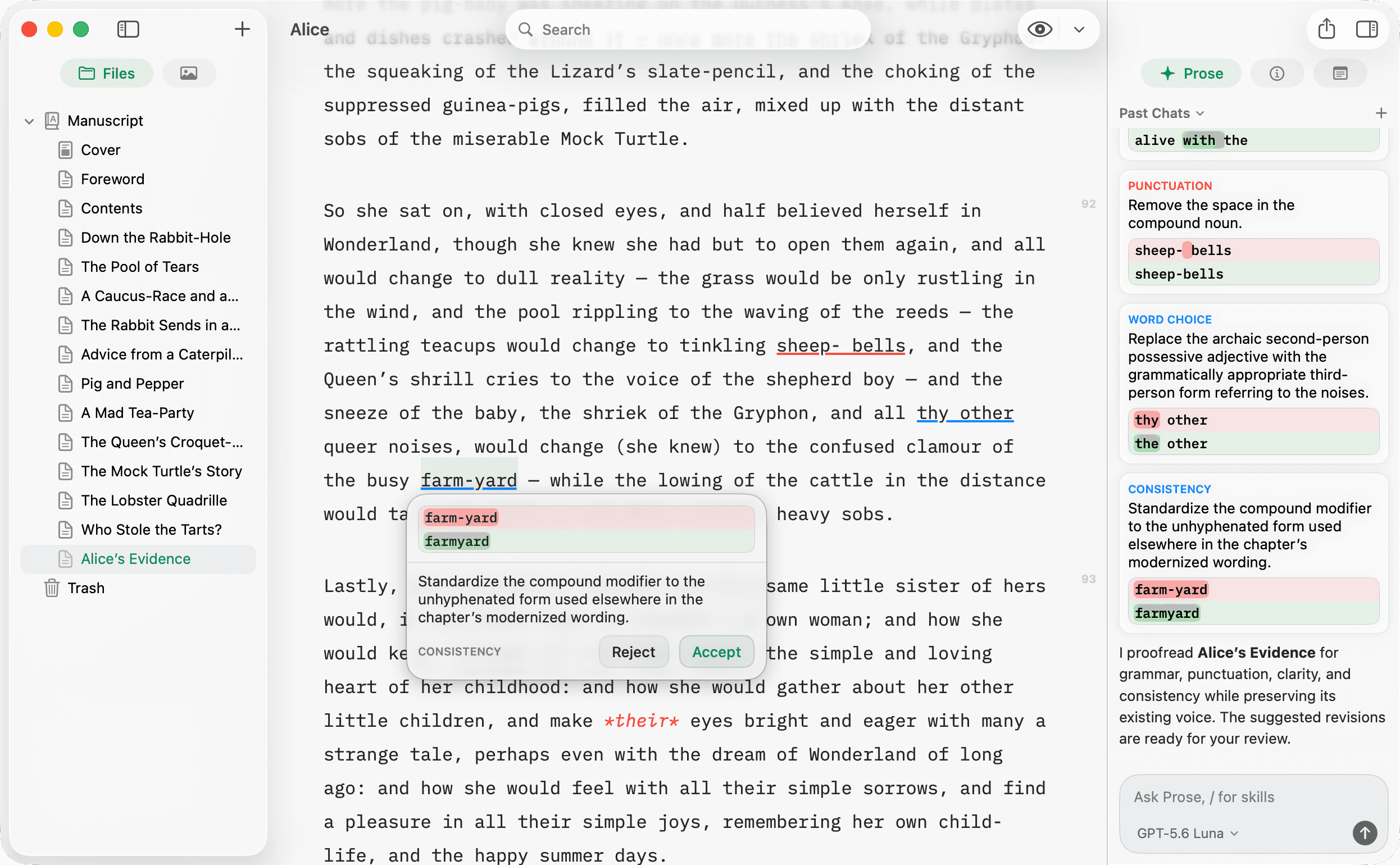 Prose proofreading suggestions shown as reviewable diffs with accept and reject controls