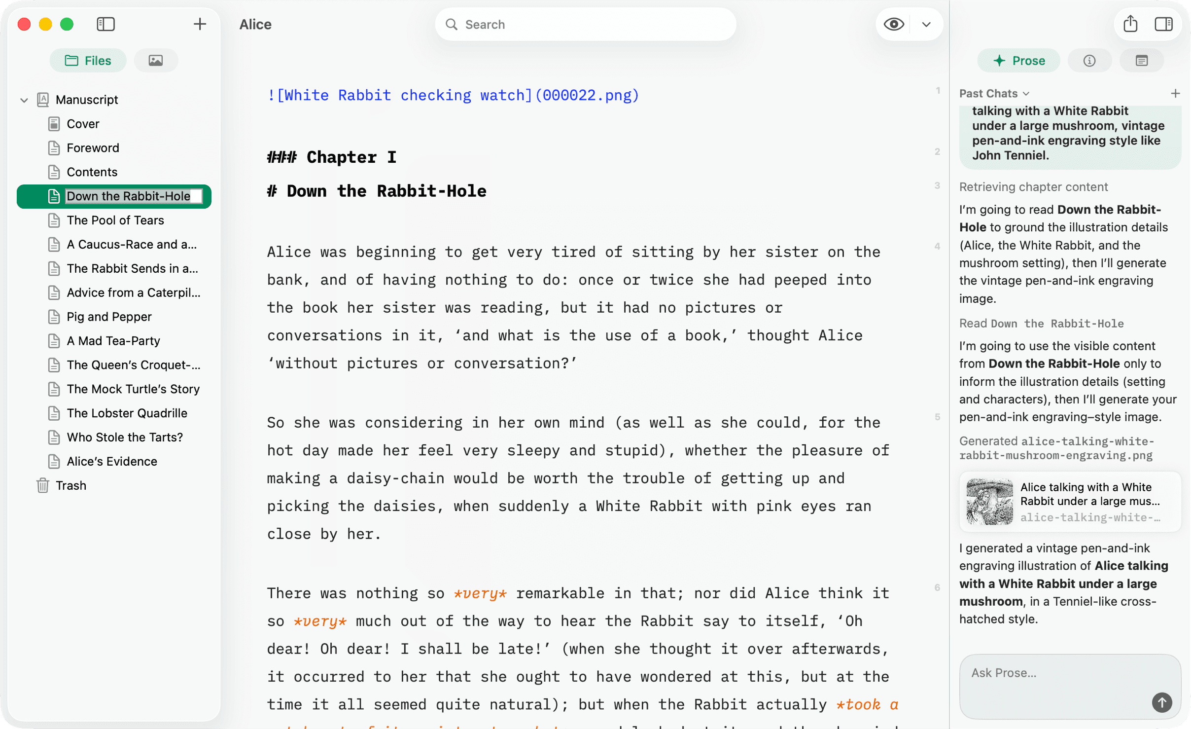 Prose generating an illustration grounded in the open chapter