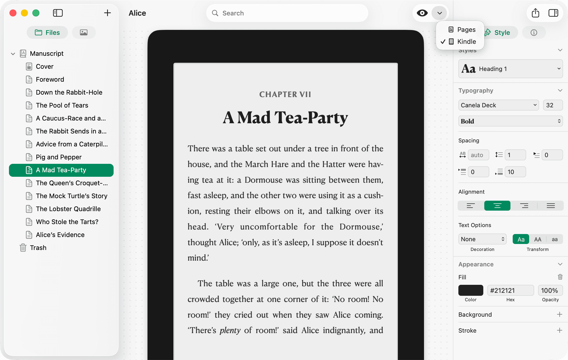 Pinery Kindle preview and design mode