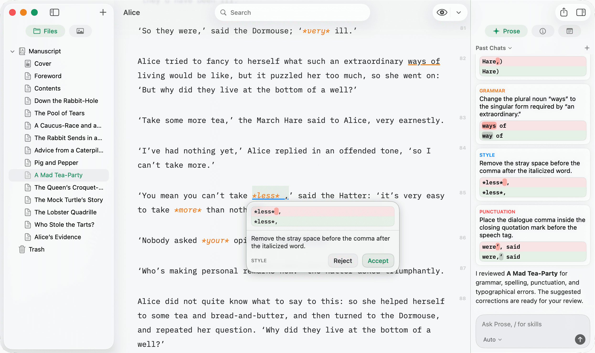 Prose proofreading suggestions with accept or reject diffs for grammar, word choice, and formatting