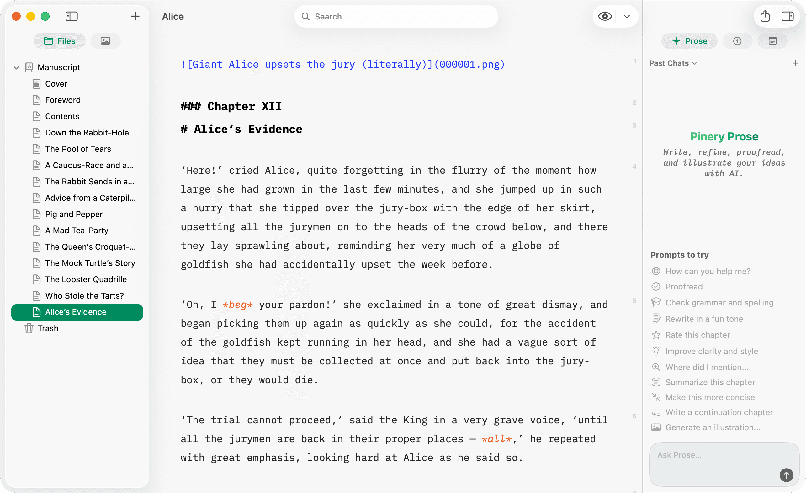 Pinery Write tab showing Markdown source beside the Prose panel