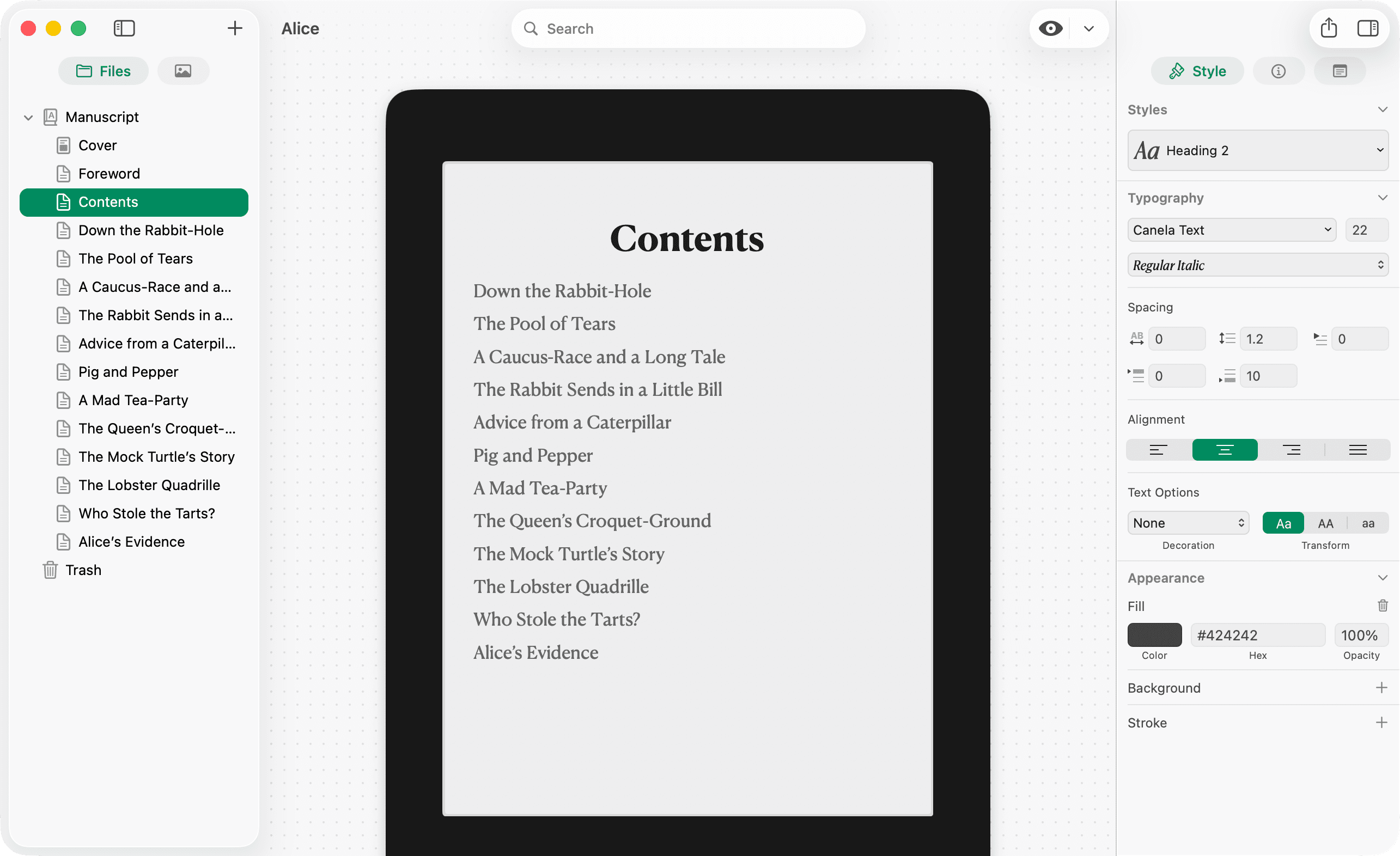Kindle device frame preview of a Contents page