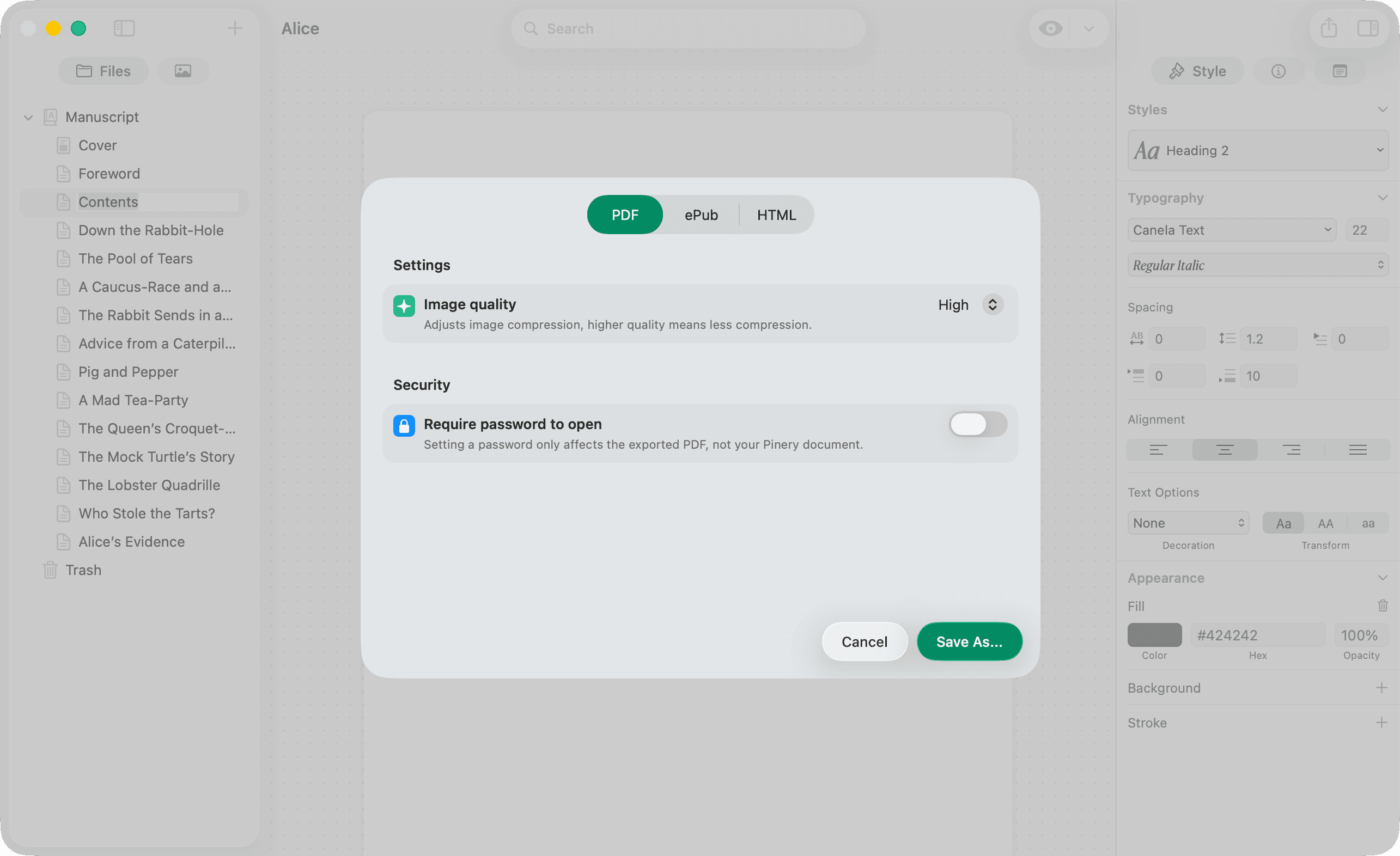 Export dialog with PDF, ePub, and HTML format options