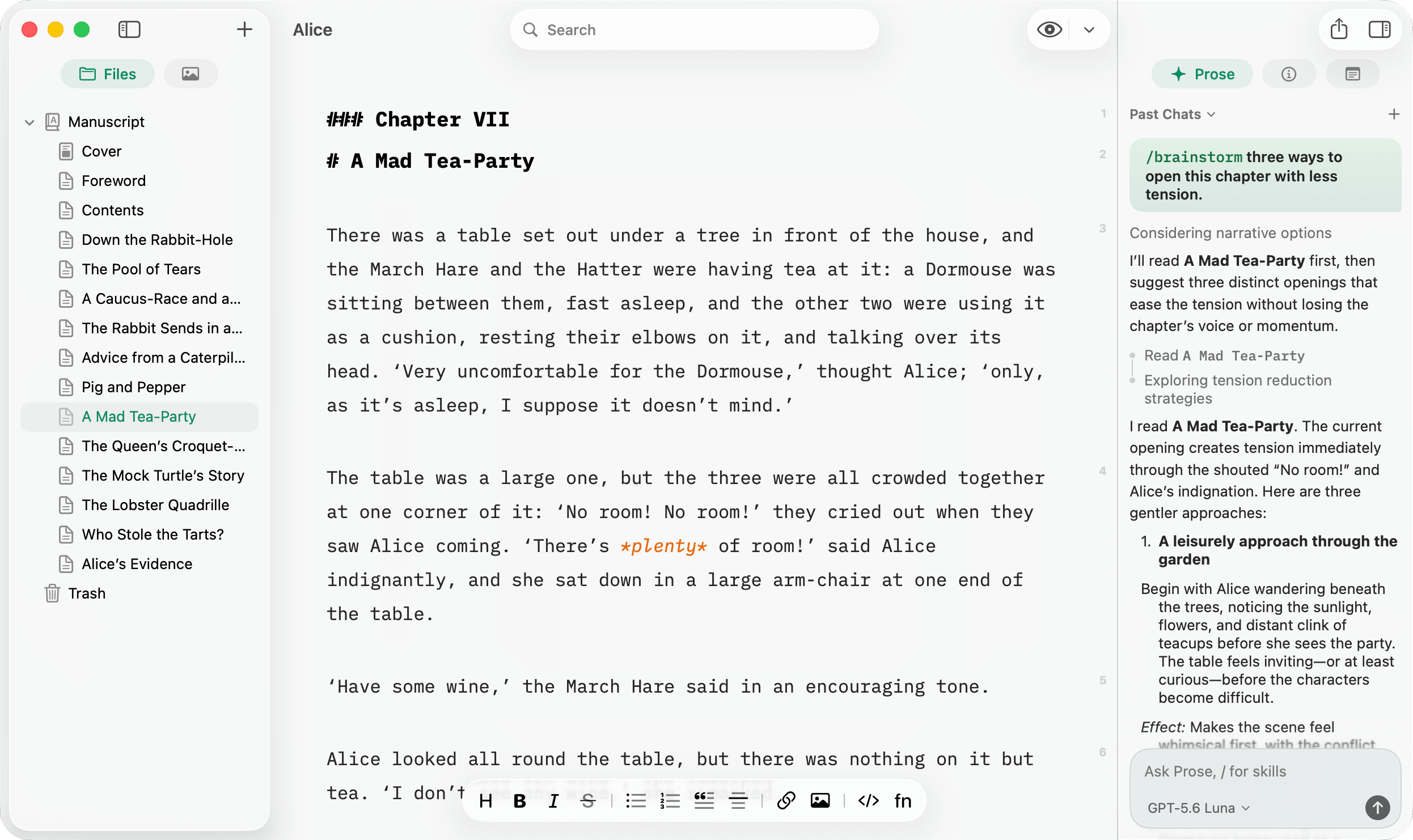 The Pinery editor with the Prose skills menu open over the composer