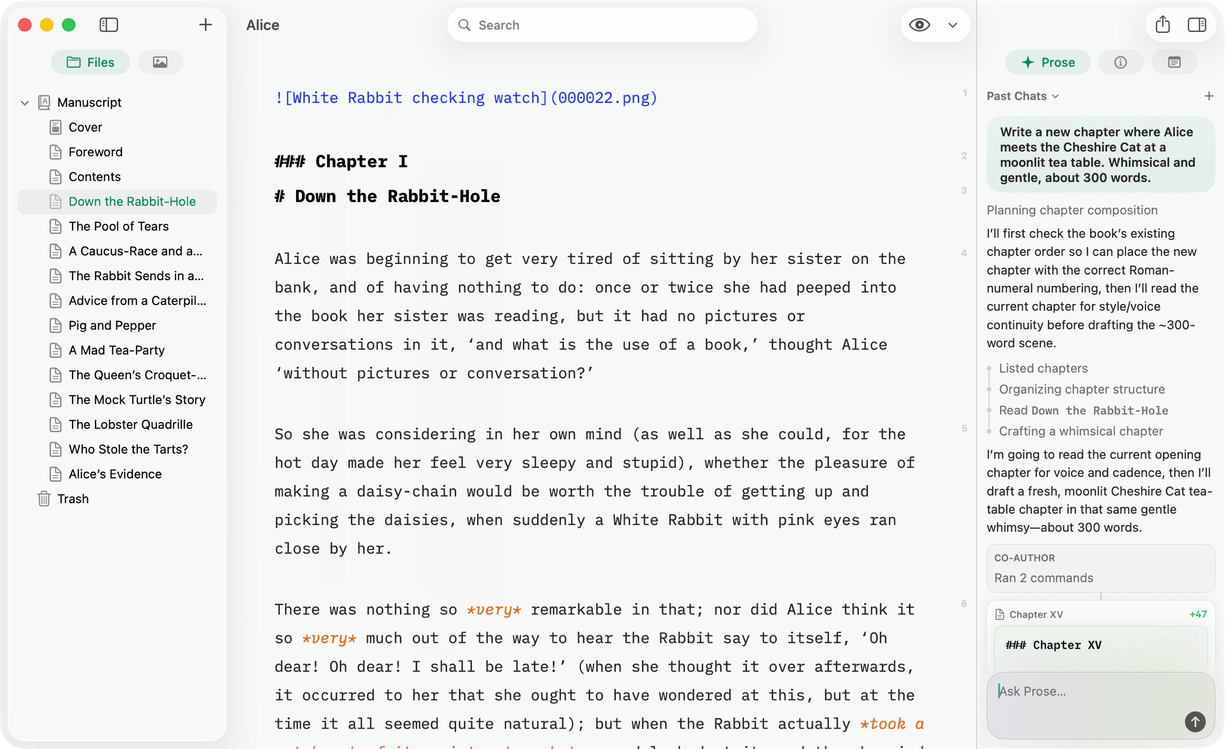 Pinery 2.0 with the Prose panel drafting a chapter