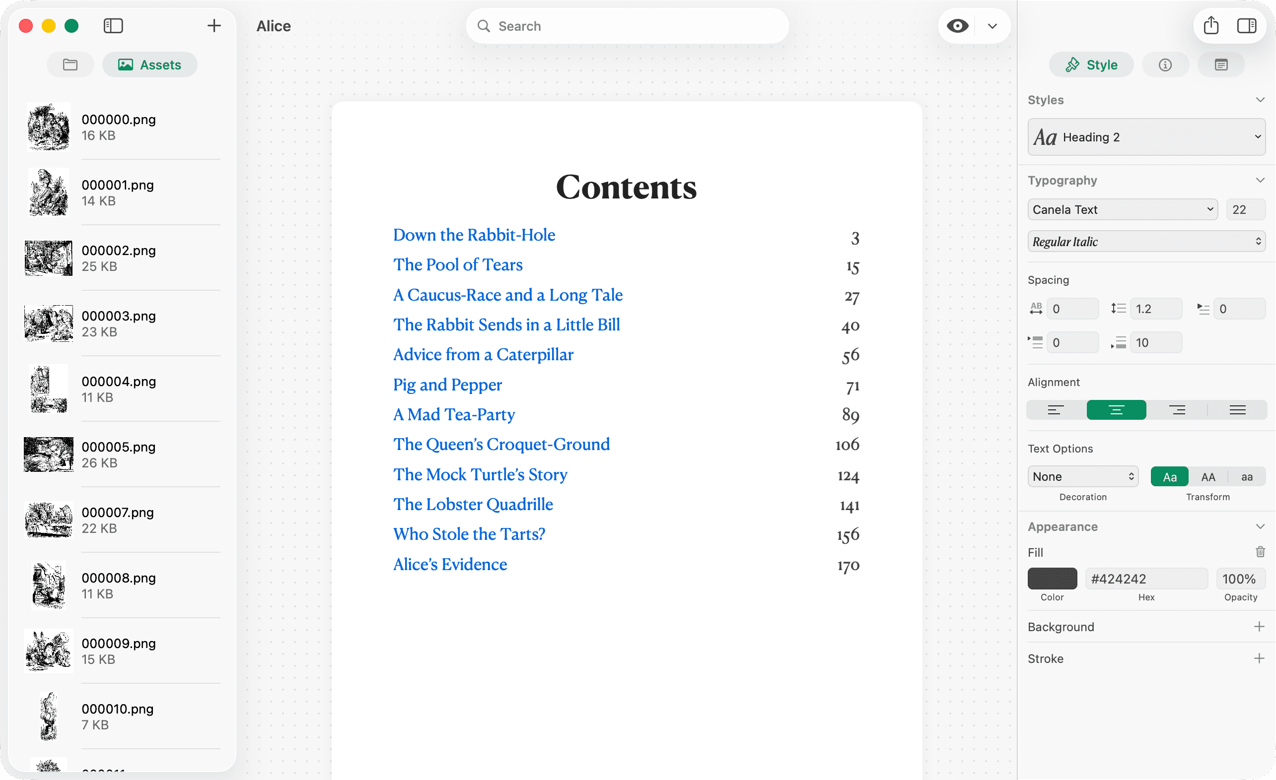 Assets panel listing book images beside Design preview