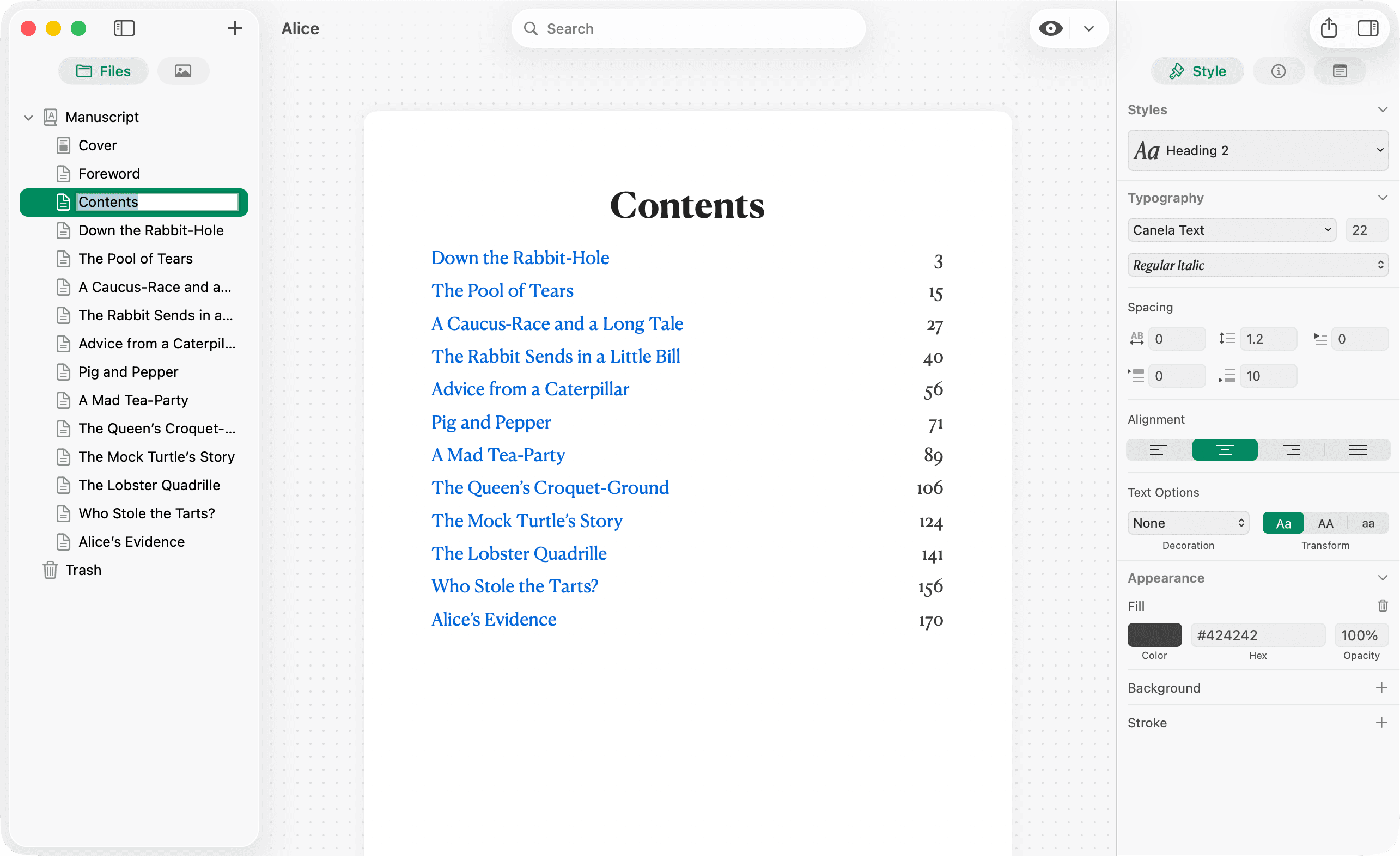 Design preview of a Contents chapter with generated table of contents